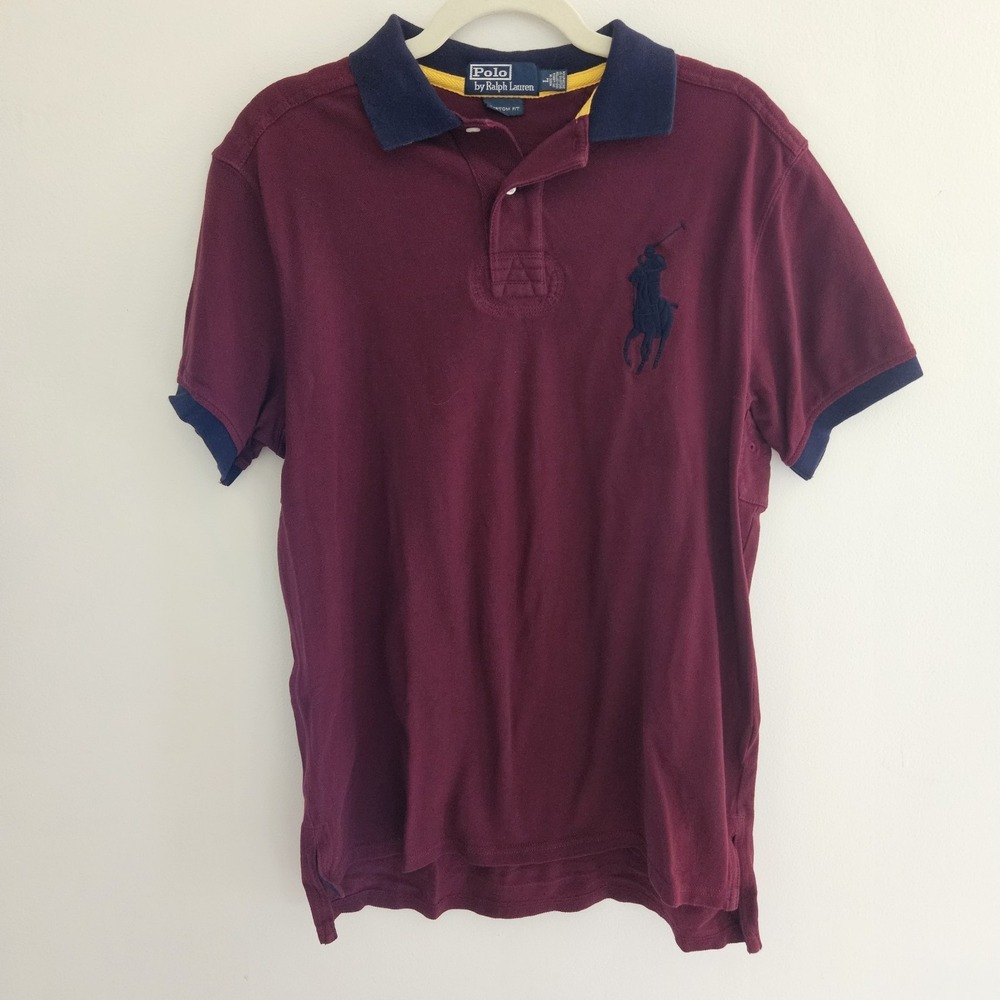 Polo Ralph Lauren L Big Pony Logo Custom Slim Fit Red Maroon Shirt Short Sleeve